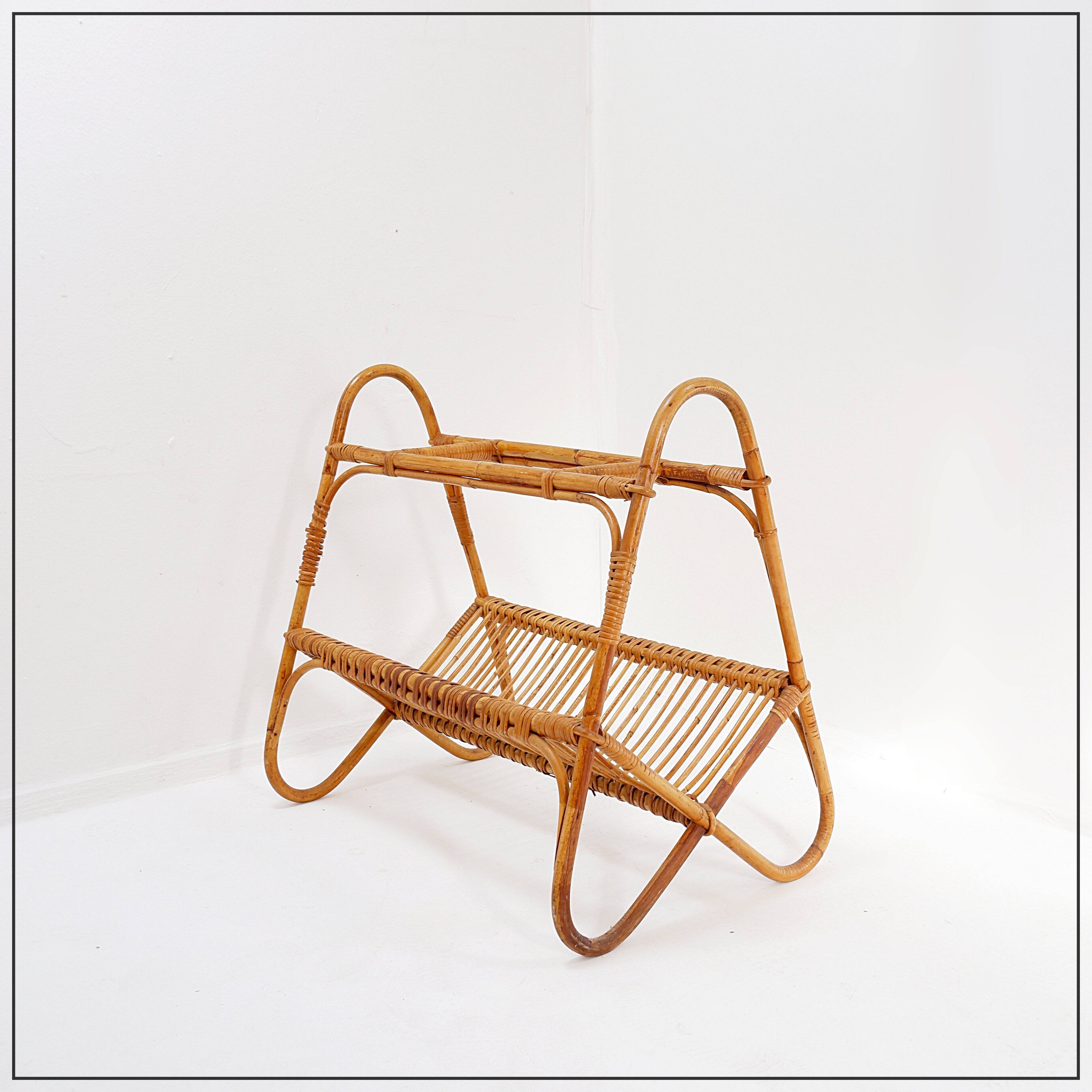 Vintage rattan magazine rack, Netherlands, 1960s