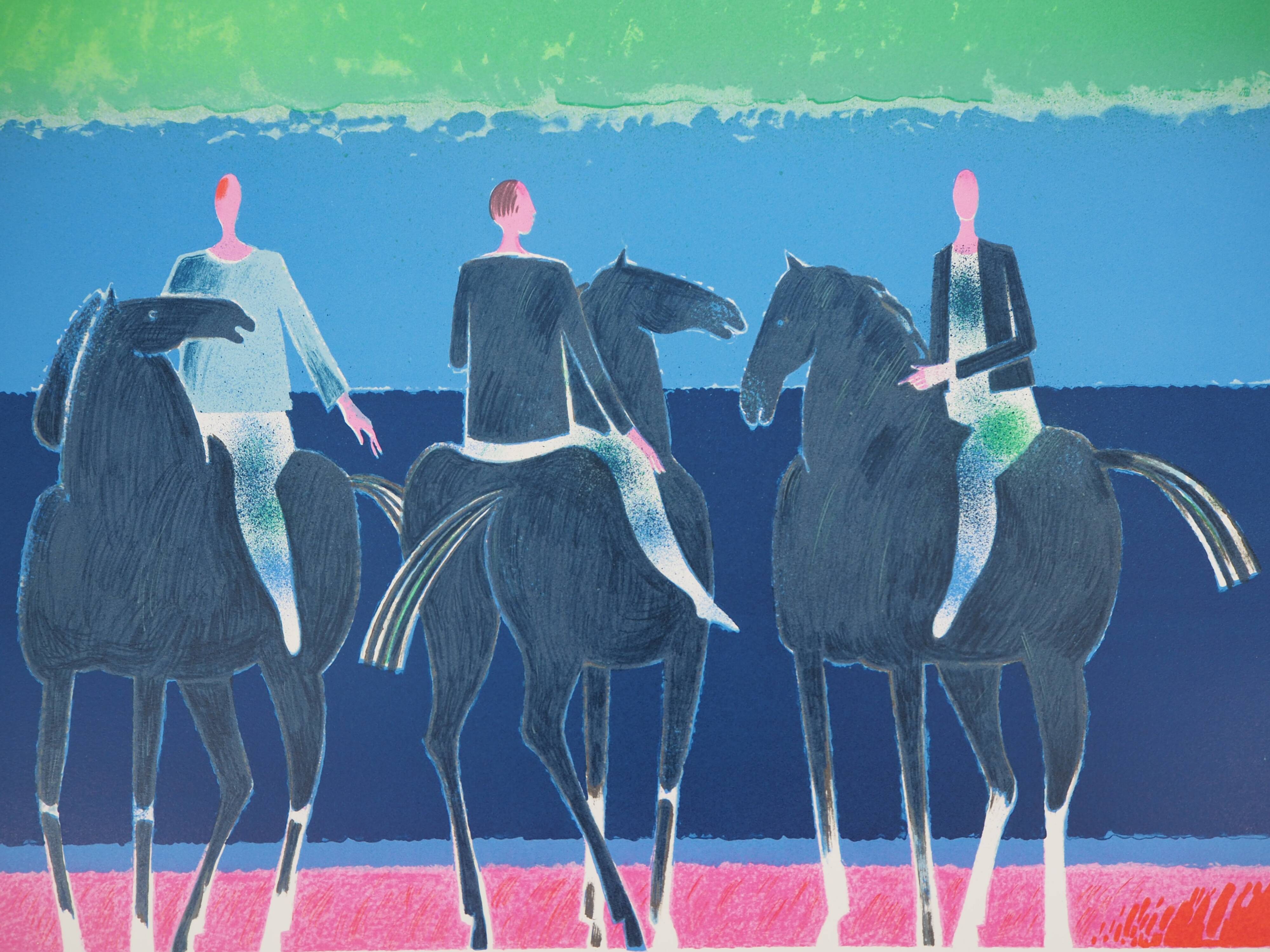 Albert zavaro :  le trio de cavaliers - lithographie originale signée