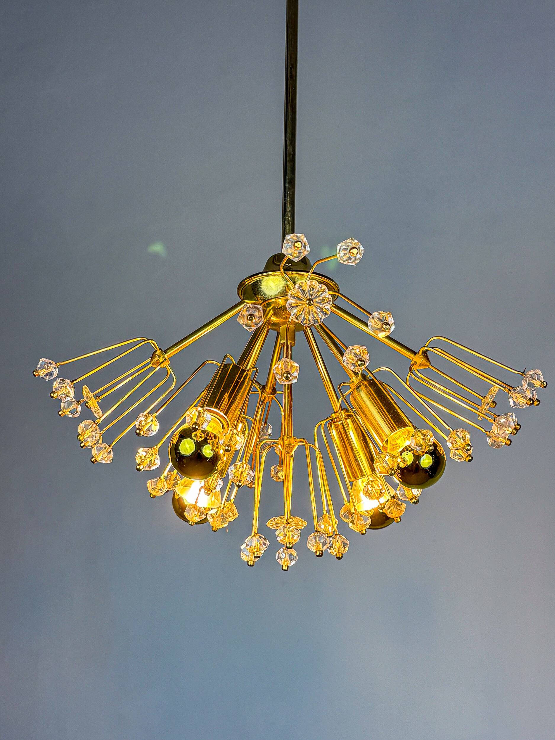 Emil Stejnar Sputnik chandelier for Rupert Nikoll, brass & crystal, Vienna, 1950s