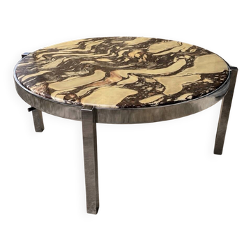 Table basse italienne ronde des années 70 – Marbre Breccia et chrome