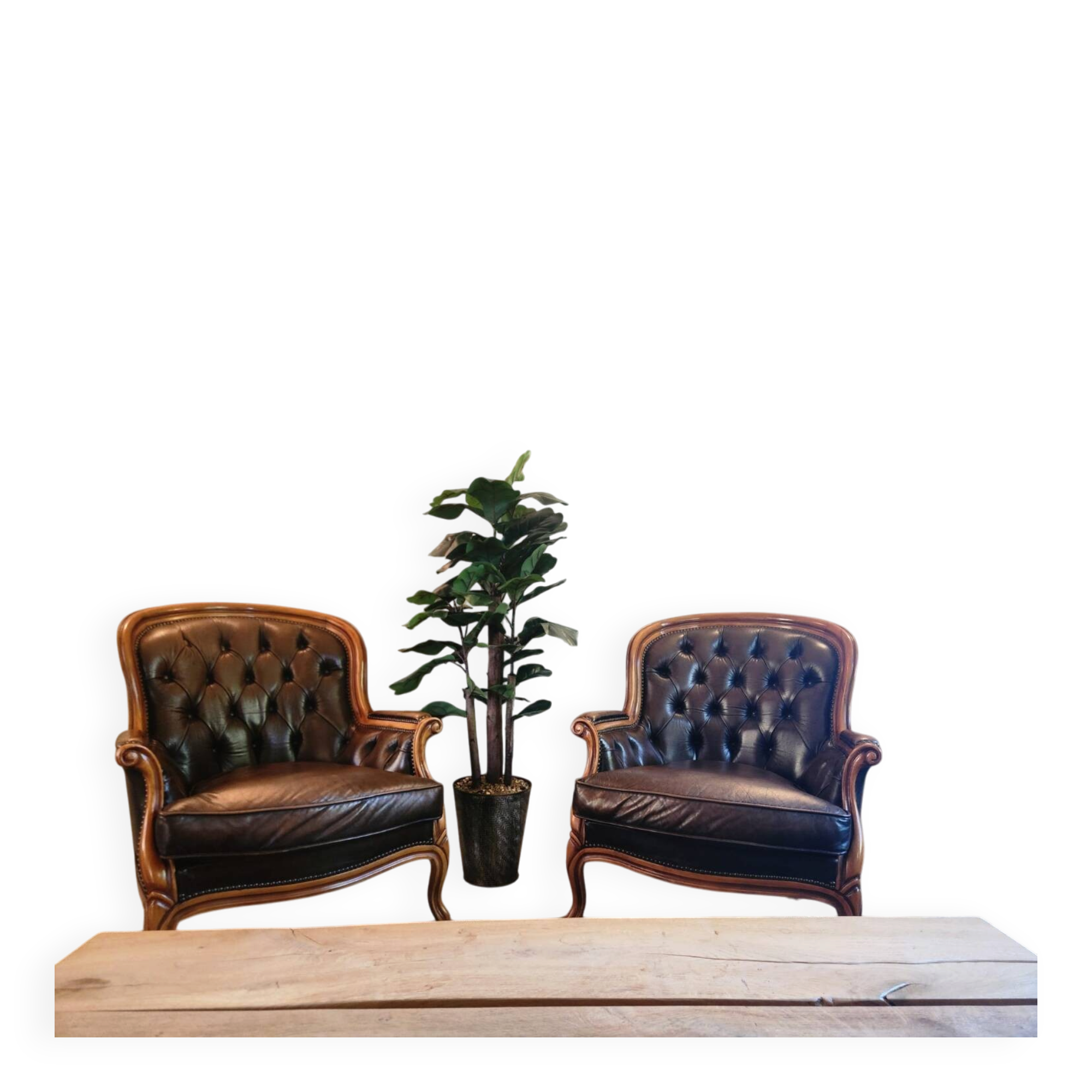 Pair of vintage Chesterfield club armchairs in brown tufted leather –