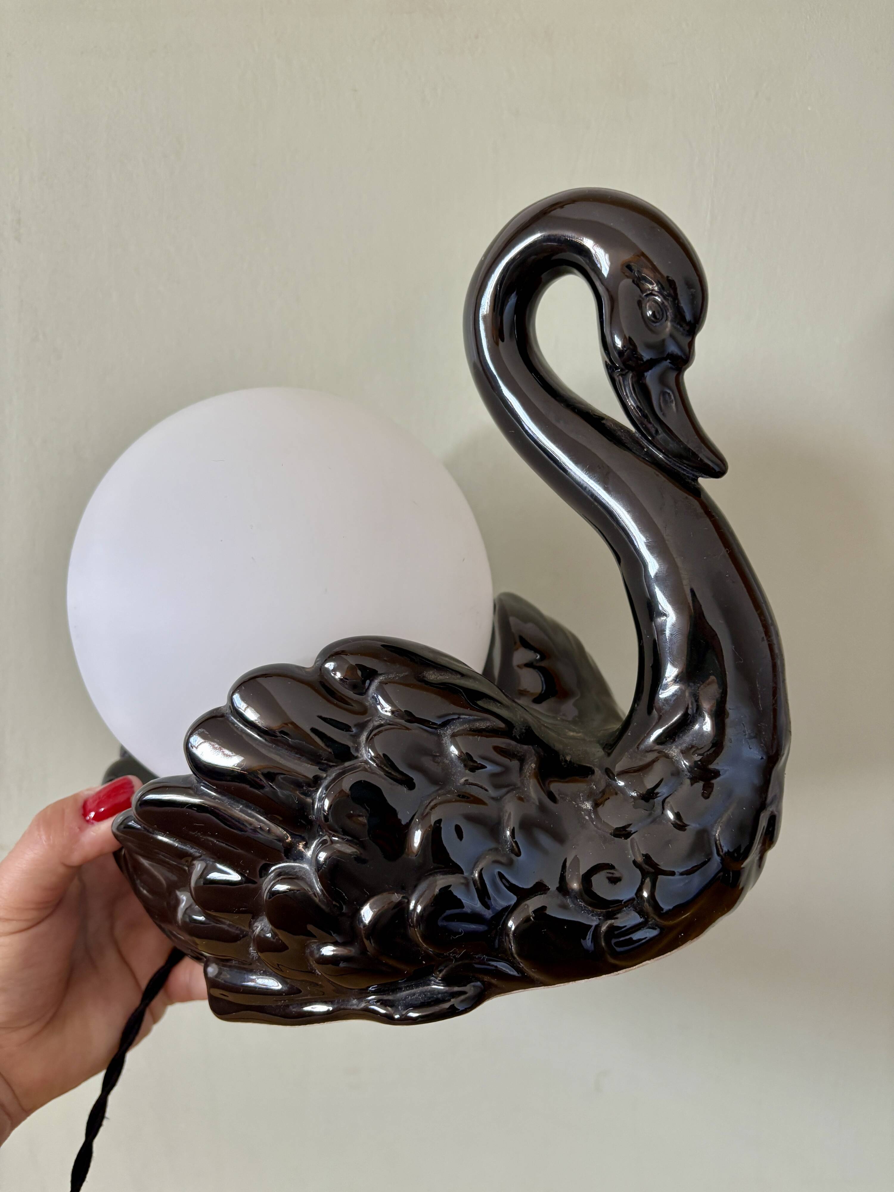 Vintage lamp, black ceramic swan and white opaline globe
