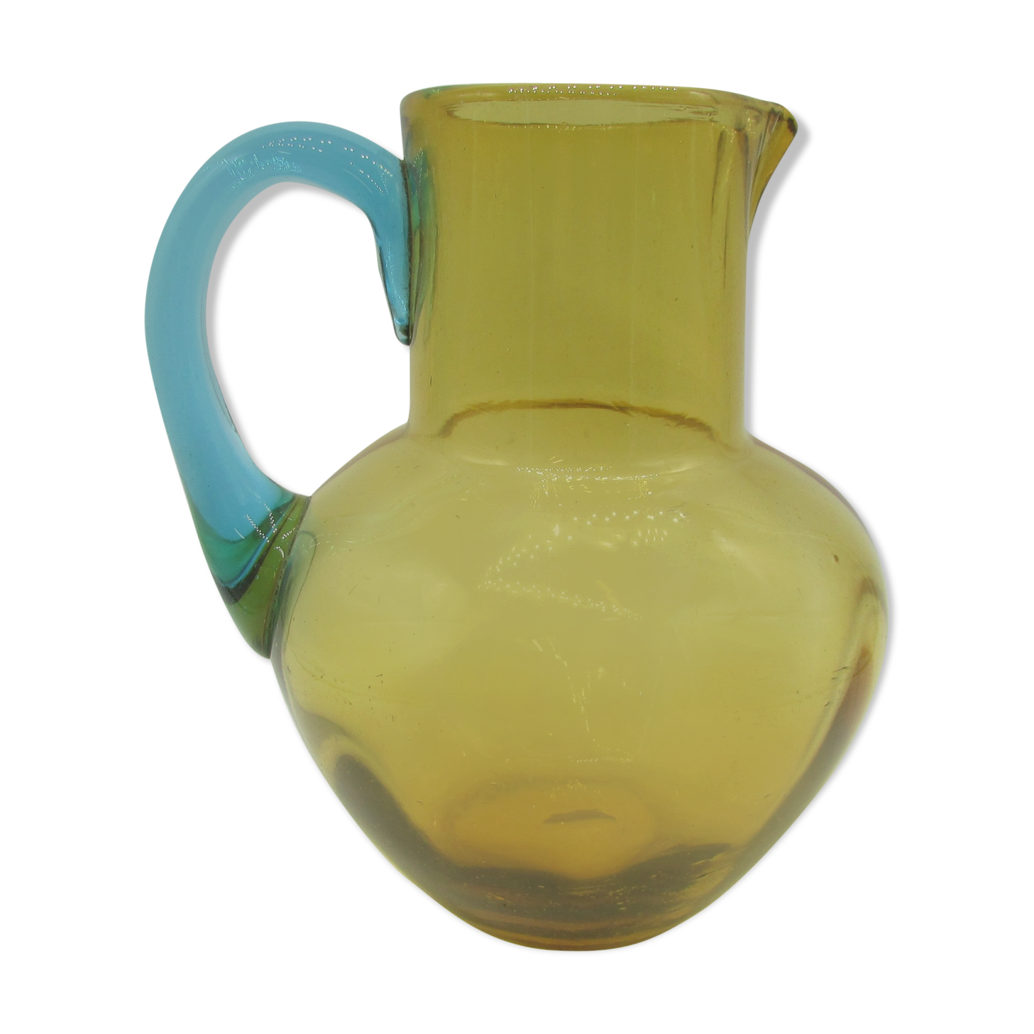 Pichet à eau George Sand verre soufflé ambre et bleu