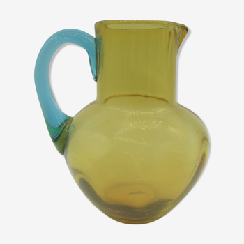 George Sand amber and blue blown glass water pitcher