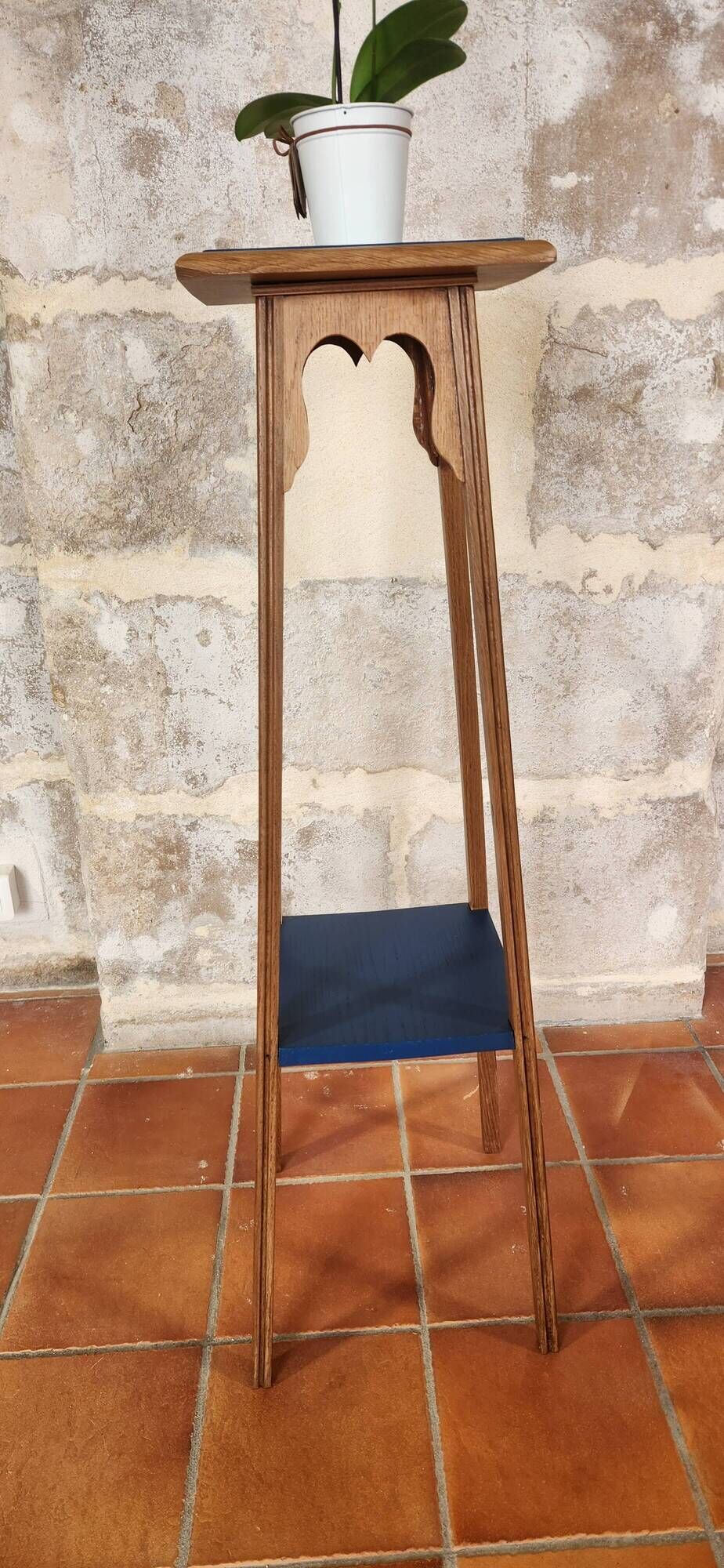 Deep Blue Wood Side Table with 2 Shelves Renovated