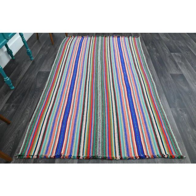 Vintage Turkish Oushak Handmade Wool Cotton Blue Pink Runner Rug 158x246