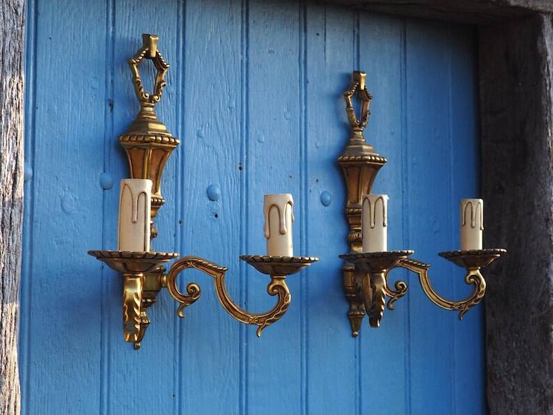 French Bronze Wall Sconces: Pair of 2-Branch Lights, C1950s