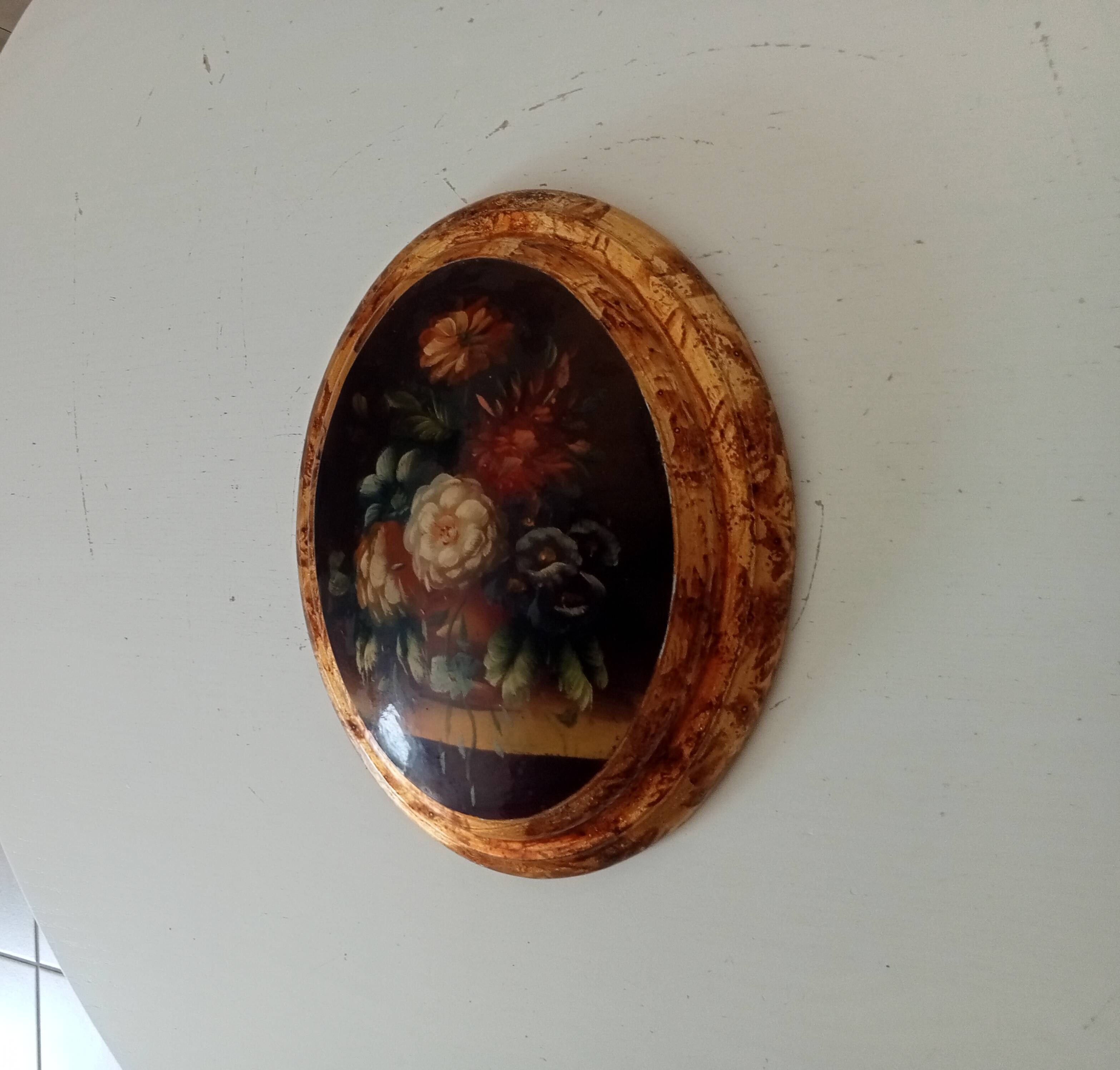 Curved frame still life lithograph on wood