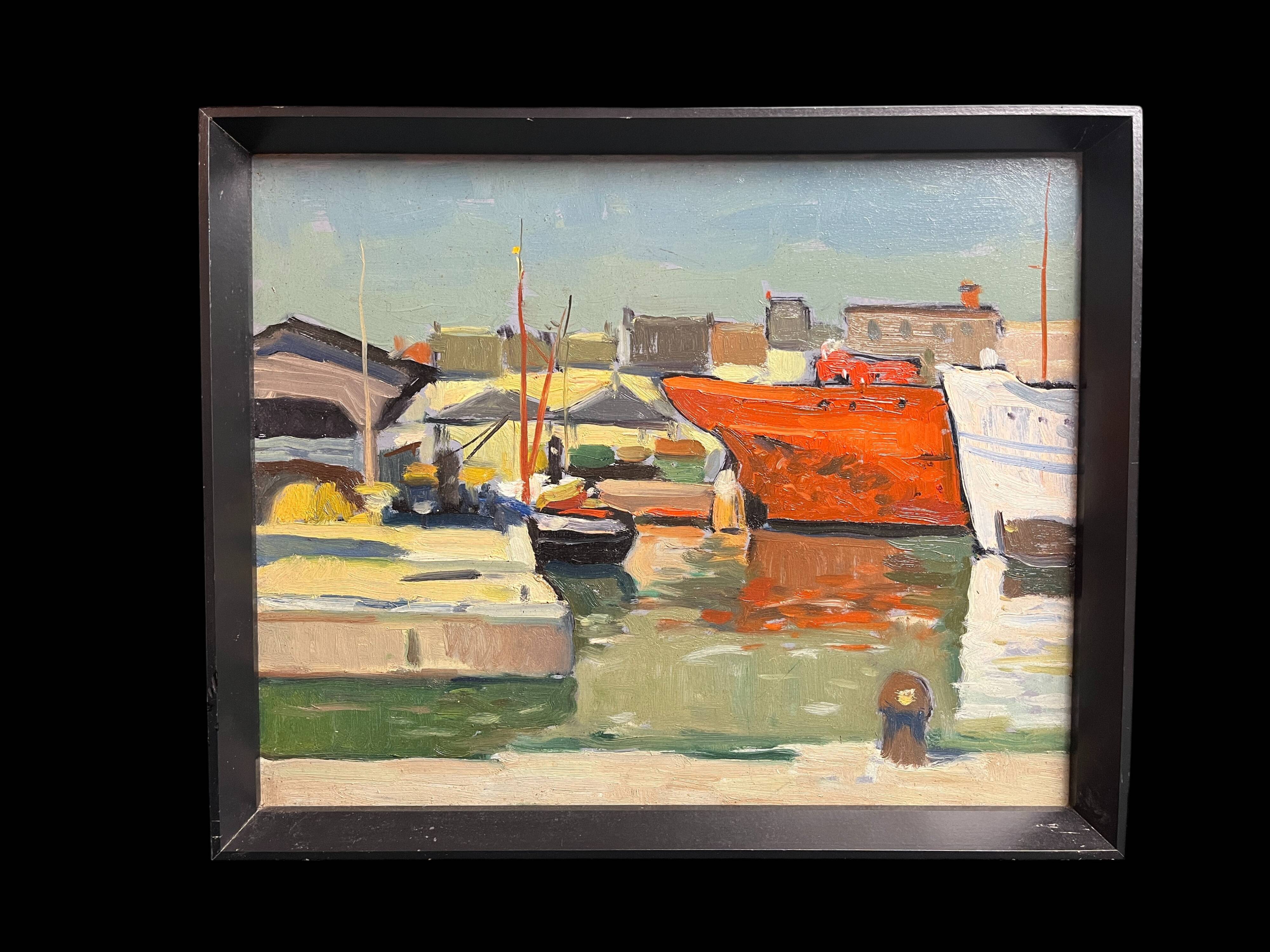 Oil on panel Boats in the port frame 20th century