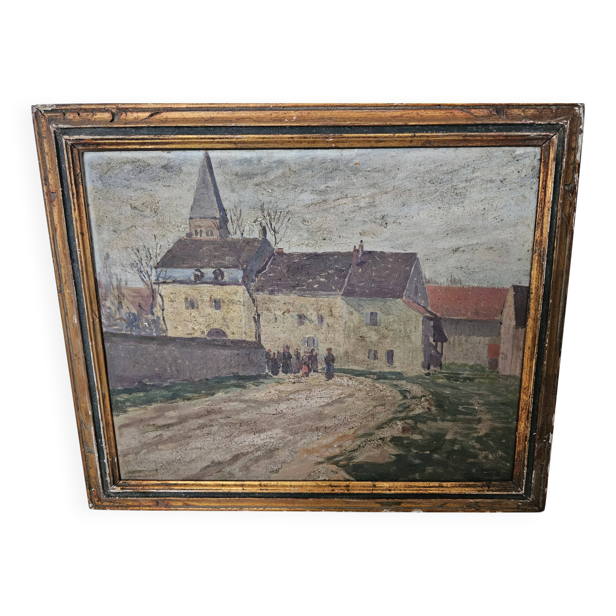 Oil on Panel Painting Animated Landscape Village Signed Gaëtan MONTAGNEY 1888