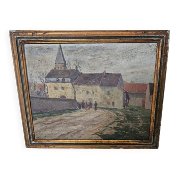 Oil on Panel Painting Animated Landscape Village Signed Gaëtan MONTAGNEY 1888
