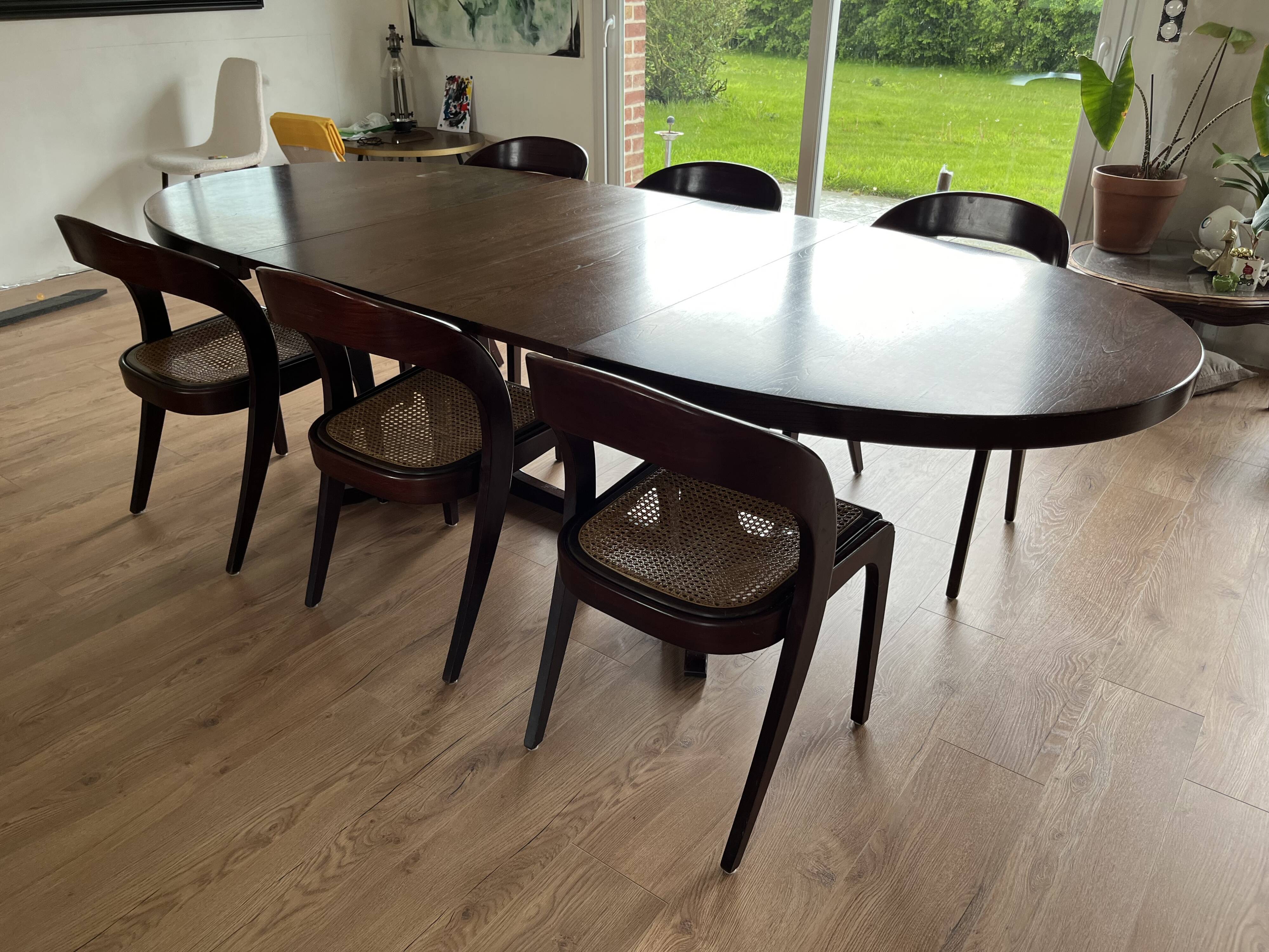 Baumann oval extendable dining room table and 6 Baumann Sled chairs known as gondola