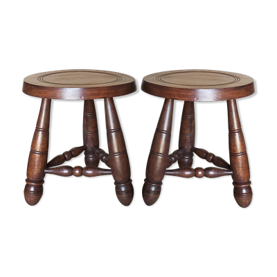 Paire de tabourets bas tripodes vintages en bois tourné