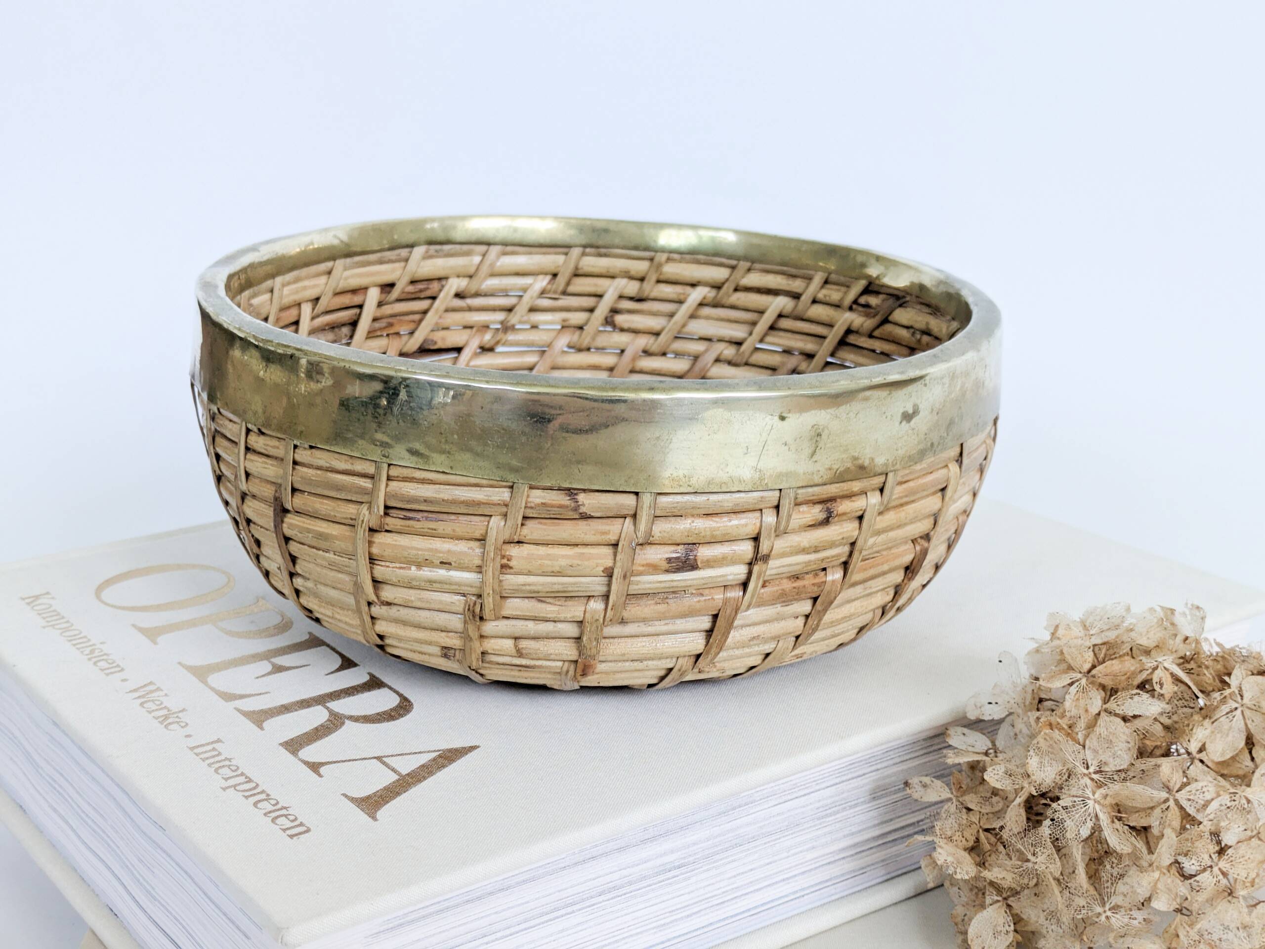 Vintage Brass Rattan Bowl by Gabriella Crespi 1970s Fruit Basket