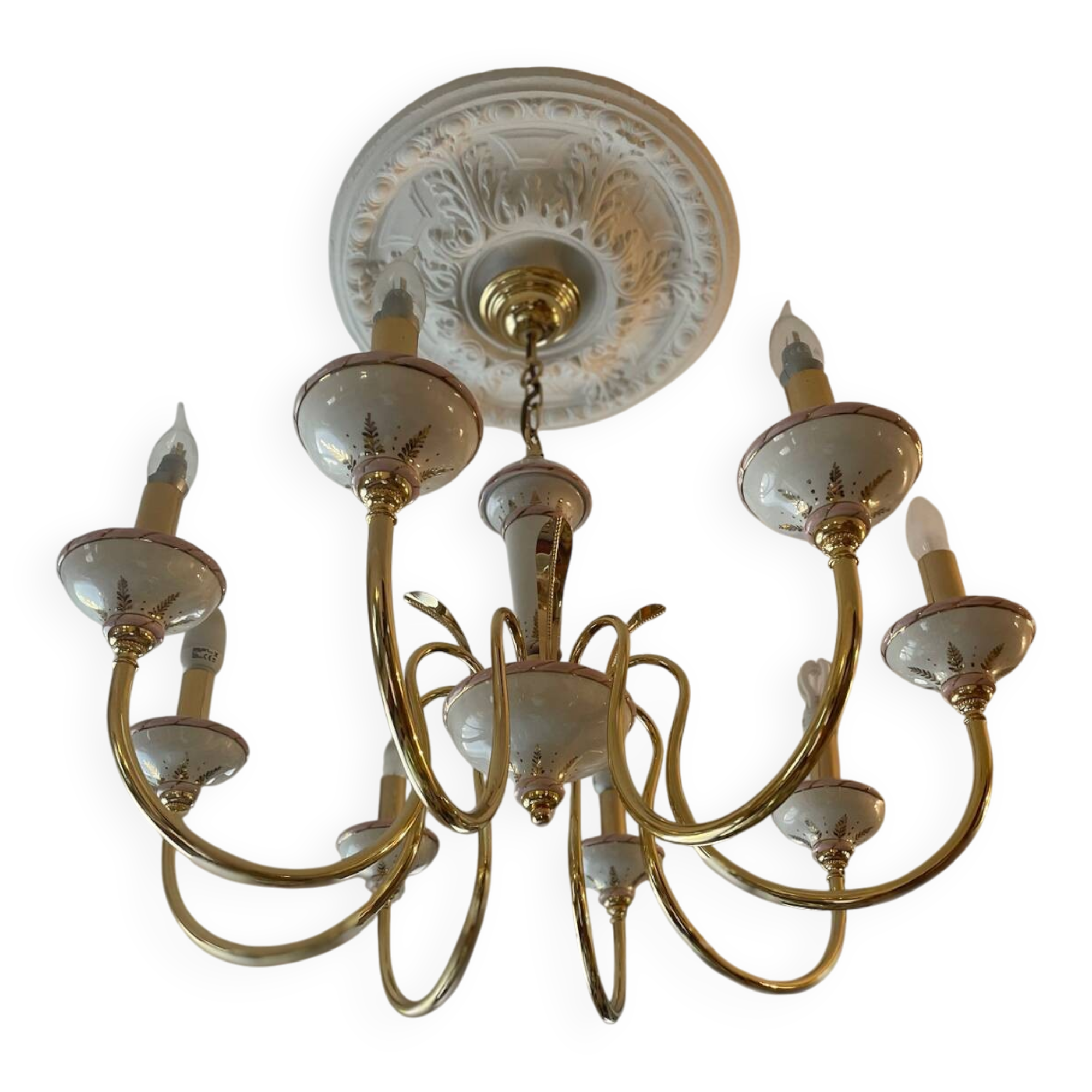 Two chandeliers and two porcelain wall lights, Italy