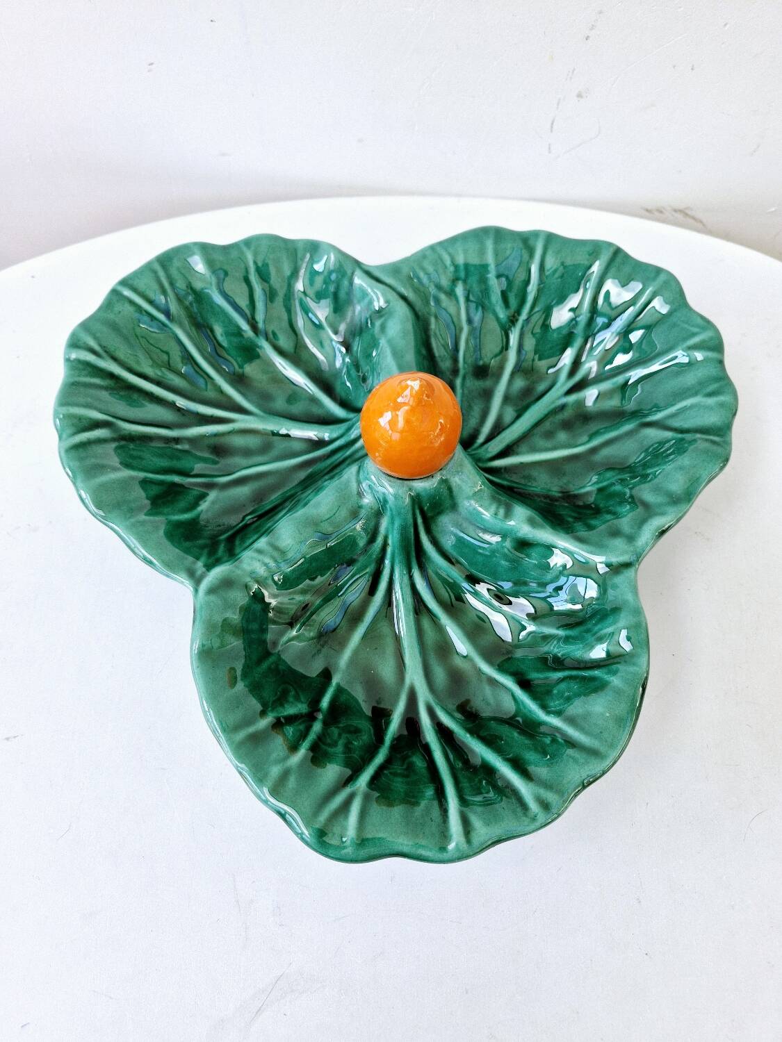 Vintage compartmentalized ceramic serving dish cabbage leaf shape Vallauris style