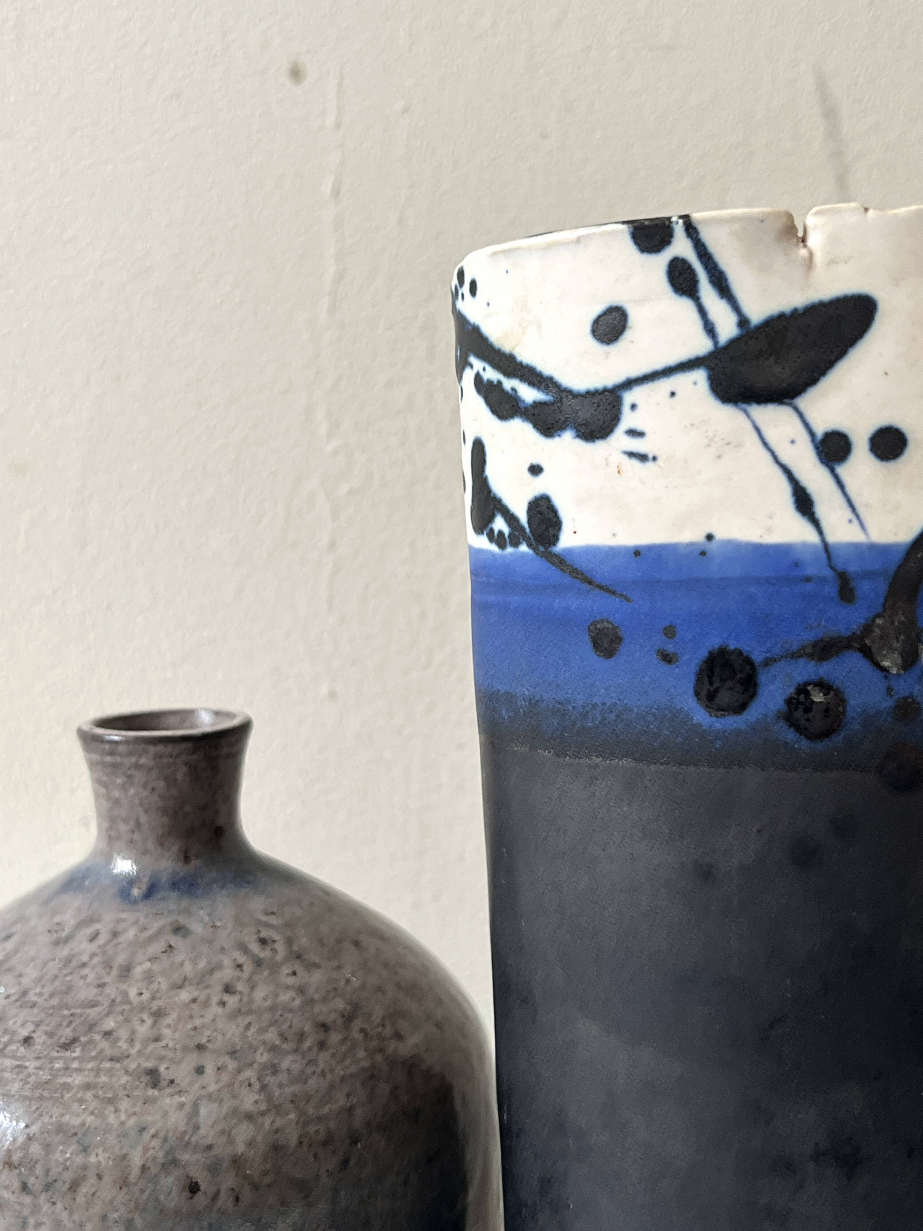 Japandi vase in abstract blue and black white clay.