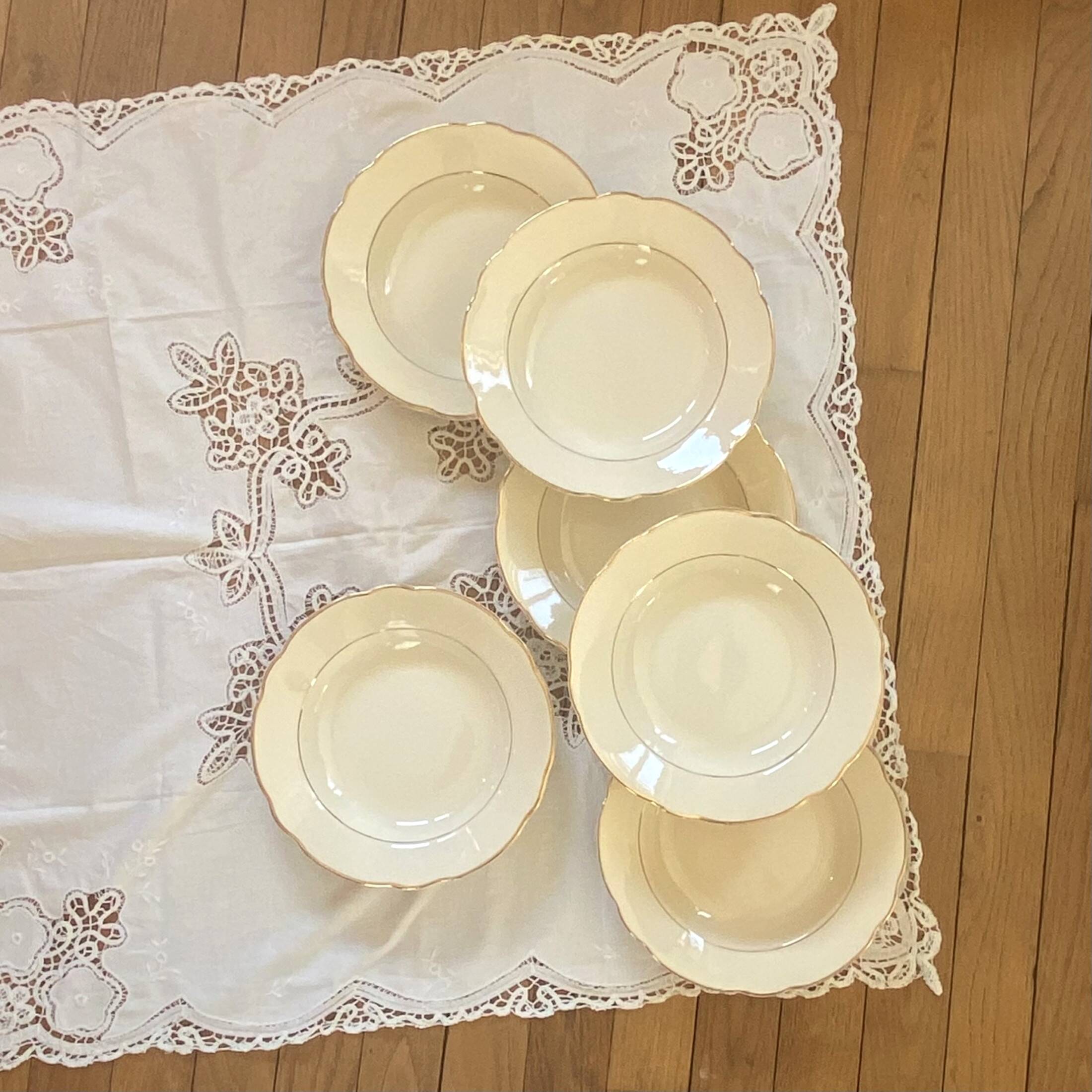 Set of 6 old earthenware soup plates, cream color and gilding Digoin Sarreguemines ACC-7157
