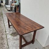Table de Ferme bourguignonne à entretoise en noyer massif 19éme deux tiroirs-1m82