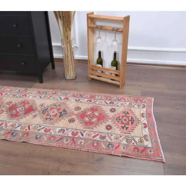 1970s Turkish Hand-Knotted Wool Cotton Pink Runner 81x380