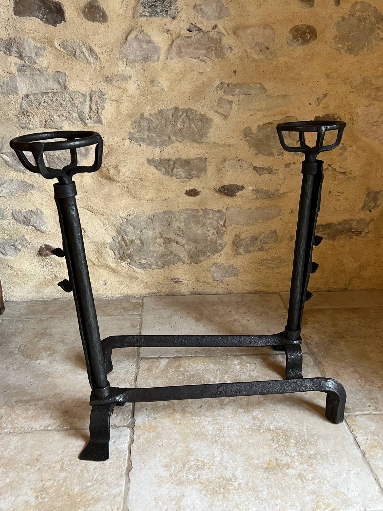 Pair of 18th century wrought iron andirons, log-carrying andirons