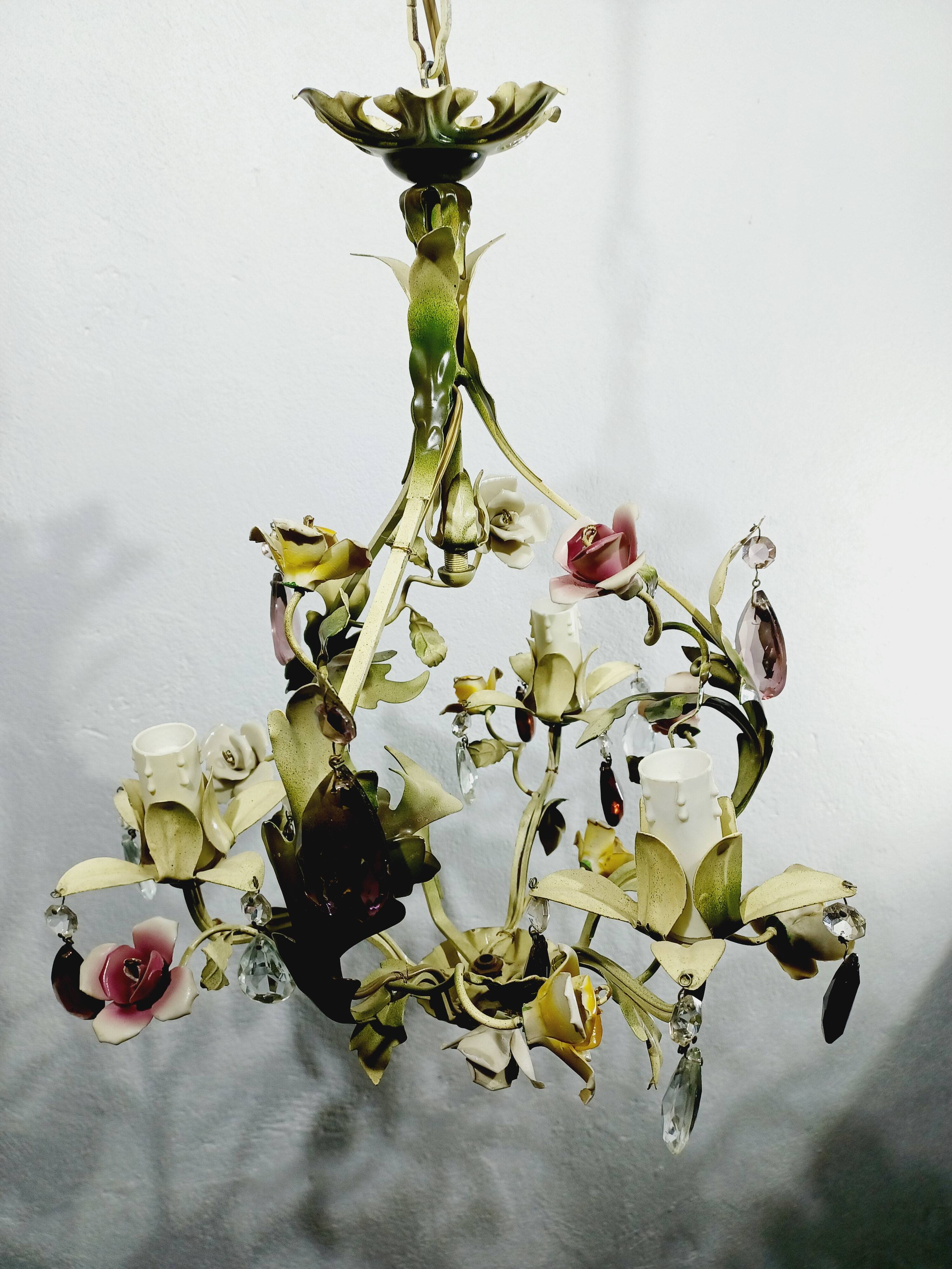 Wrought iron and porcelain chandelier