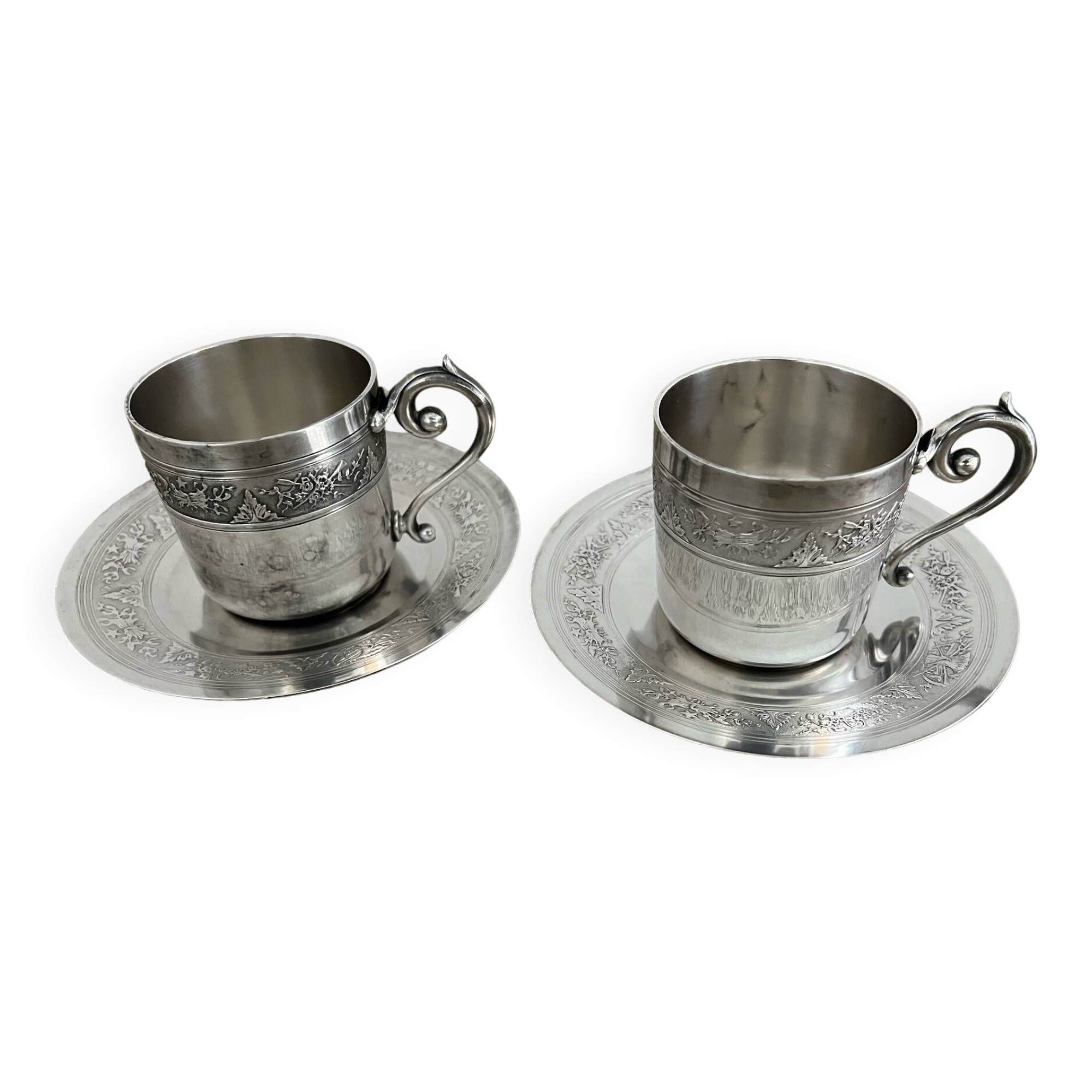 2 Gallia silver-plated cups and saucers with rooster and goat's head hallmarks, numbered