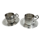 2 Gallia silver-plated cups and saucers with rooster and goat's head hallmarks, numbered