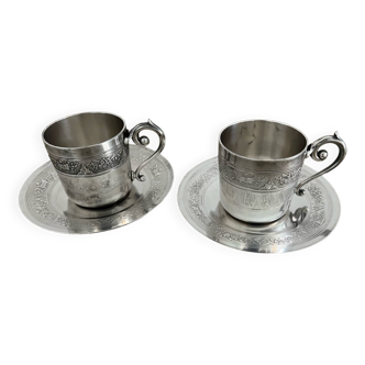 2 Tasses et 2 soucoupes métal argenté Gallia poinçons coq et tête de bouc numérotées