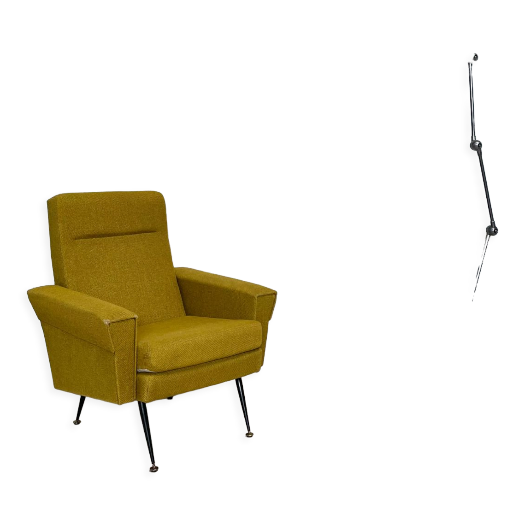 Vintage armchair in fabric and metal compass legs, circa 1950.