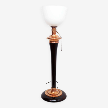 Lampe art deco mazda des années 30 en bois, cuivre et verre
