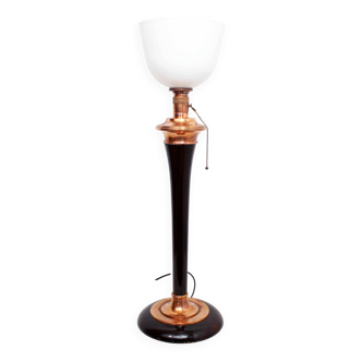 Art deco mazda lamp from the 1930s in wood, copper and glass