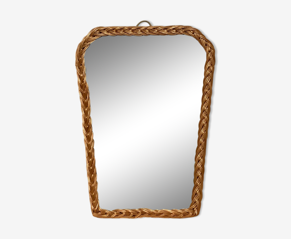 Miroir ancien en rotin et bois forme rétroviseur vintage osier tressé