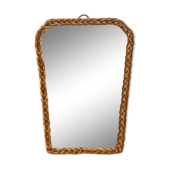 Miroir ancien en rotin et bois forme rétroviseur vintage osier tressé