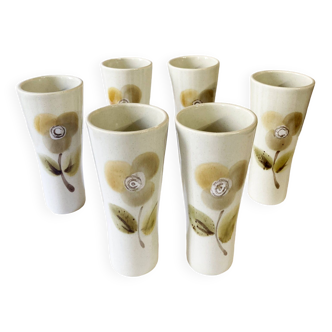 Large ceramic glasses, hand-painted flower pattern, beige/cream tones