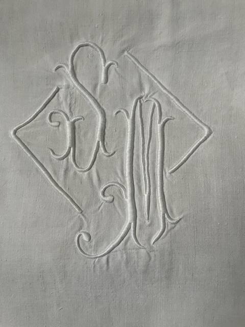 Antique cotton and linen sheet monogrammed M B with Venice lace