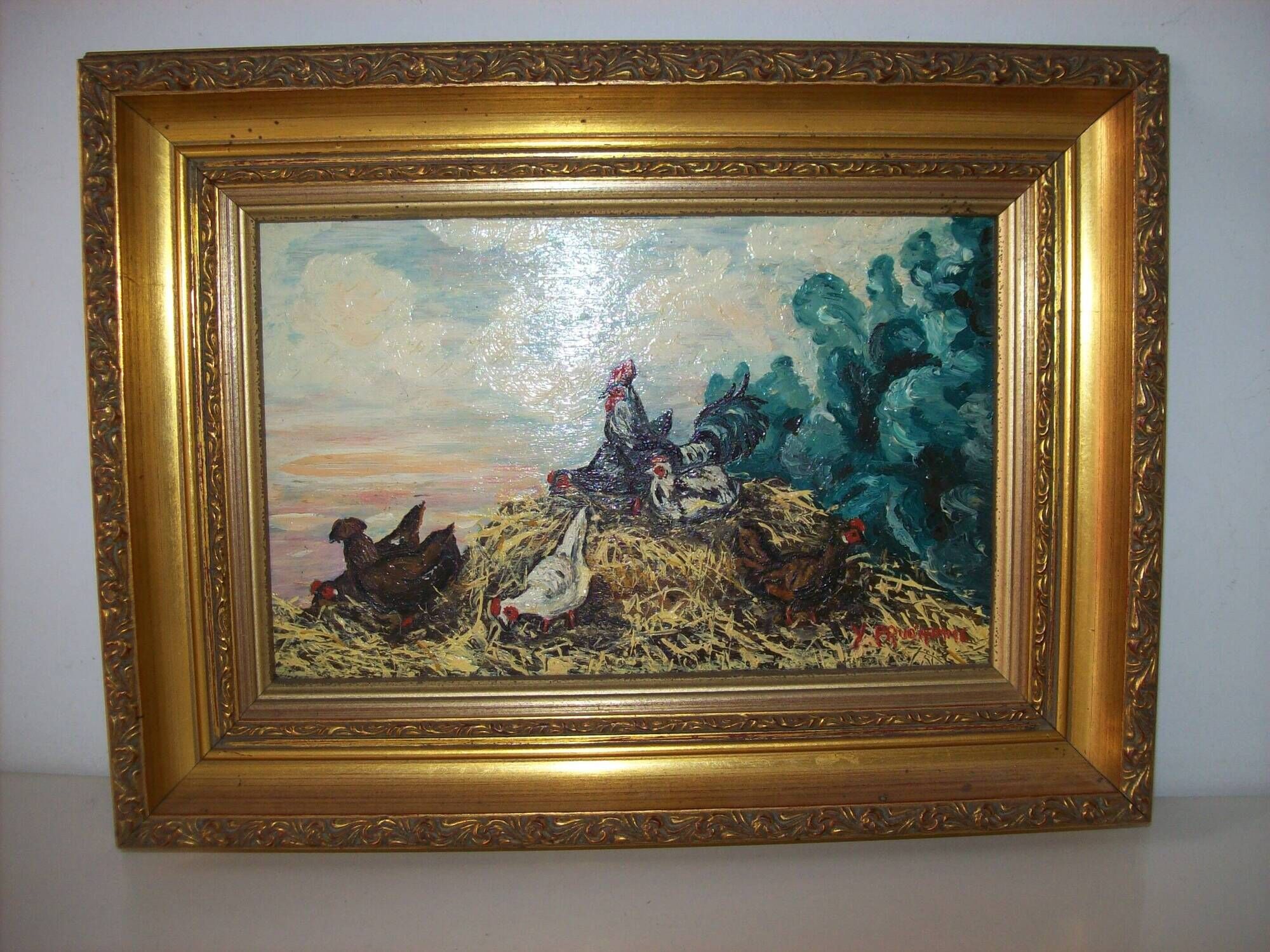 Oil on wood panel rooster and hens signed