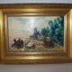 Oil on wood panel rooster and hens signed