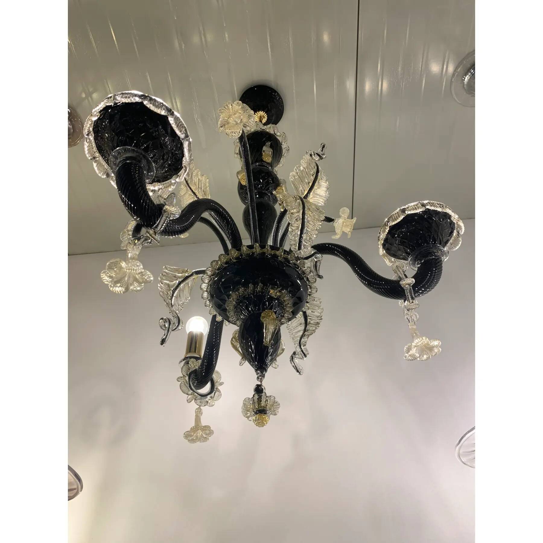 Black and Gold Murano-Style Venetian Glass Chandelier with Floral and Leaf Design