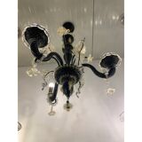 Black and Gold Murano-Style Venetian Glass Chandelier with Floral and Leaf Design