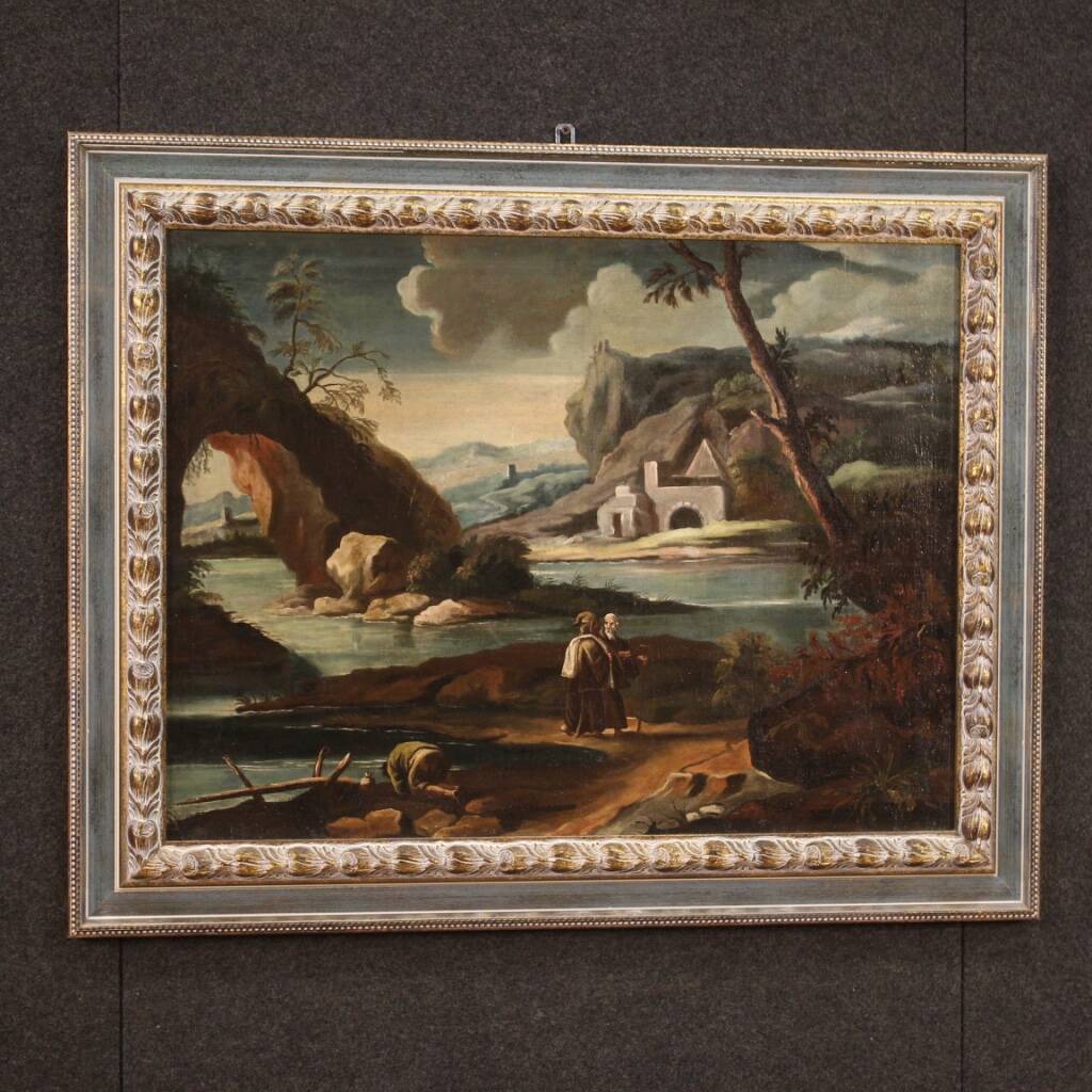 Antique painting landscape with characters from 18th century