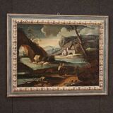 Antique painting landscape with characters from 18th century