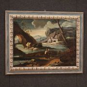 Peinture ancienne de paysage avec personnages du XVIIIe siècle