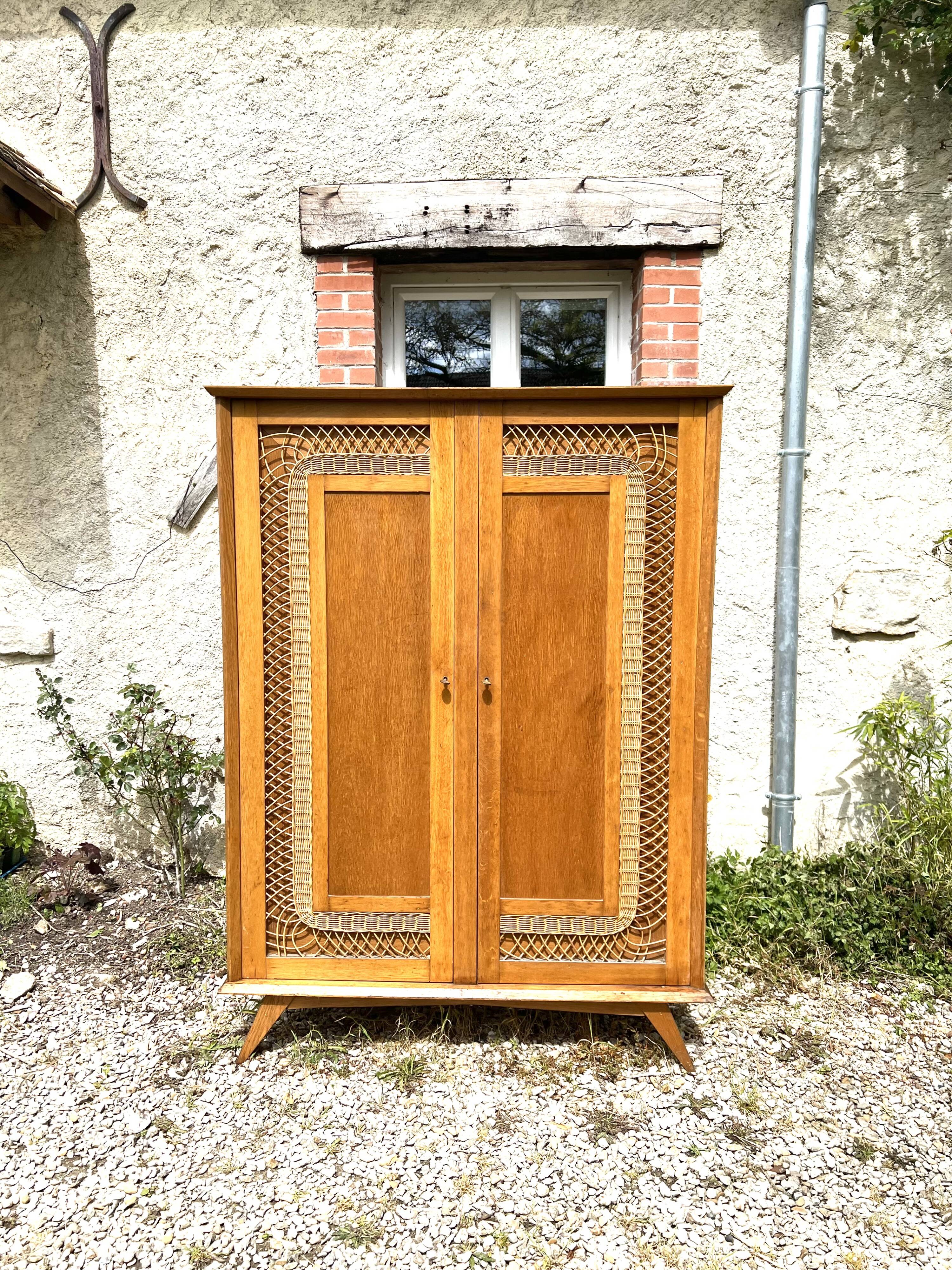 Parisian wardrobe in wood and rattan