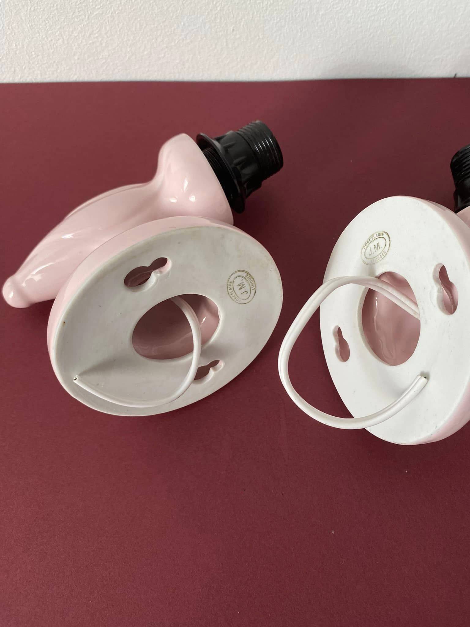 Pair of pink porcelain sconces, JM Porcelaine de Limoges