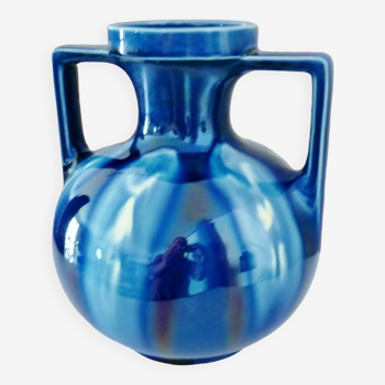 Art Deco ceramic vase, signed Gustave de Bruyn at Fives Lille, cobalt blue