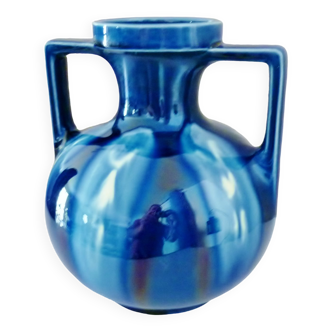 Vase céramique art déco, signé Gustave de Bruyn à Fives Lille, bleu cobalt