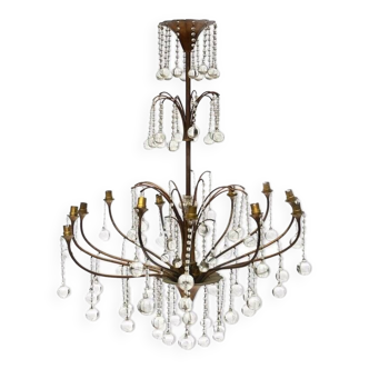 Chandelier in metal and gilded brass decorated with ball tassels