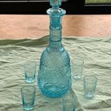 Carafe and 5 old blue glass liqueur glasses