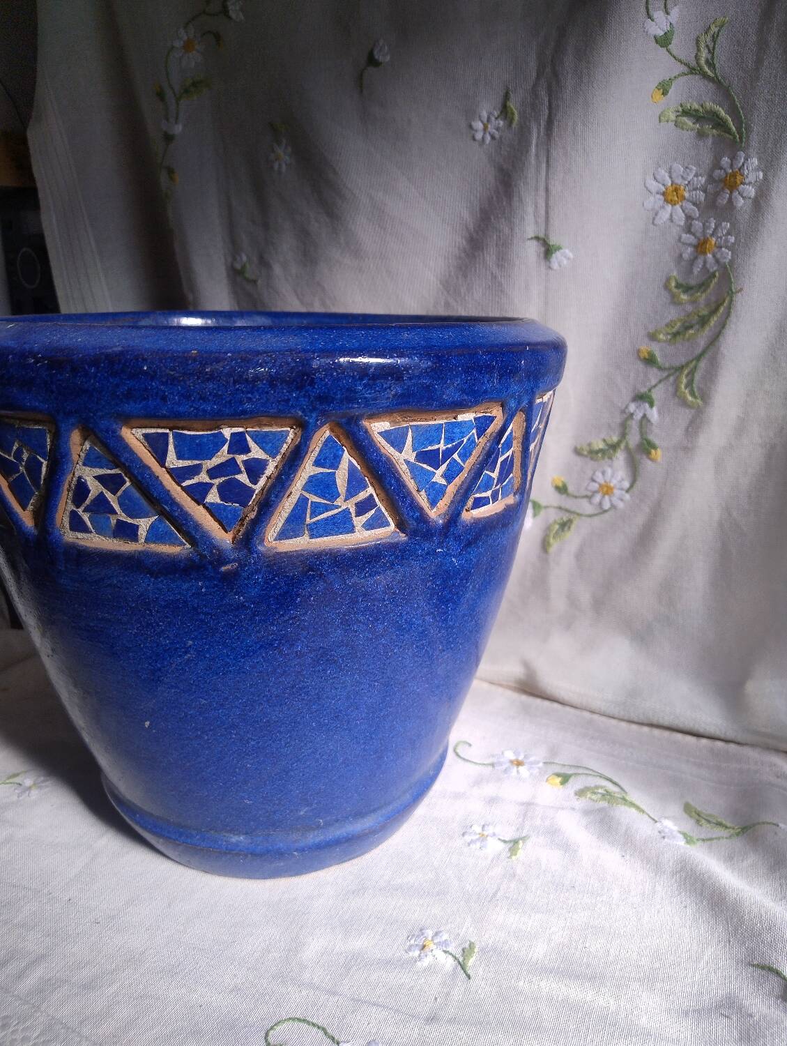Blue ceramic planter with mosaic frieze